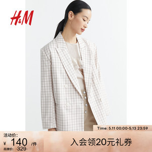 HM女装西装冬季女新款休闲双排扣格纹职业装西服外套1061436