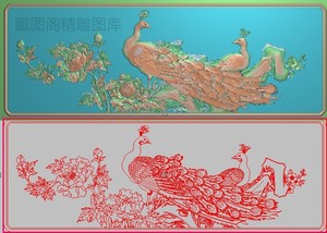 精雕图花鸟-牡丹花孔雀灰度浮雕图精品孔雀牡丹床中背板横810x288