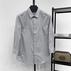 DH男装夏季男士修身七分袖小方领衬衫 纯棉中袖烟灰色小绣花衬衣