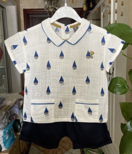 2023夏季新款男童短袖套装韩国中小童装雨滴帅气衬衣短裤两件套潮