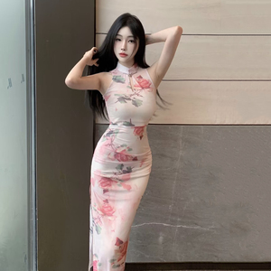 新中式春夏季复古紧身性感改良式旗袍连衣裙女网纱开叉中长款裙子