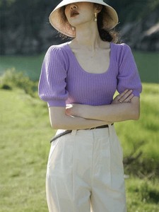 冰丝泡泡袖针织衫紫色t恤女夏季小香风薄款短袖法式别致短款上衣