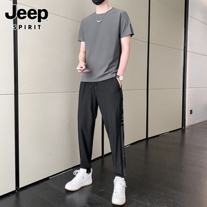 Jeep吉普休闲套装男士夏季潮流短袖t恤九分束脚裤冰丝运动一套男