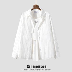 XinmonLee白色条纹休闲衬衫女士韩版2024春夏新款气质T恤两件套装