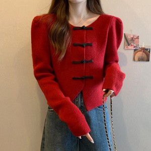 大红色短款毛衣女秋装针织开衫外套打底衫泡泡袖不规则氛围感上衣