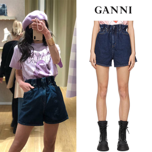 现货Ganni 牛仔短裤联名花苞夏季高腰宽松版型橡筋收腰设计短裤女