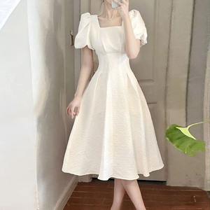 中长款白色礼服连衣裙女2024年夏季新款泡泡袖仙女a字伴娘服裙子