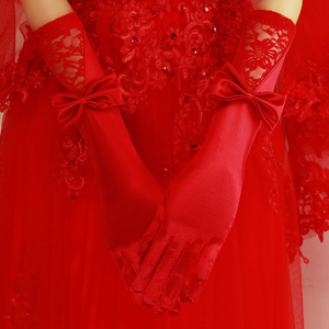 新娘手套结婚婚纱白色红色缎布缎面有指加长秋冬婚礼服长短款黑色