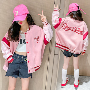 女童棒球服外套春款新款韩版洋气中大童少女拼色刺绣夹克春秋装