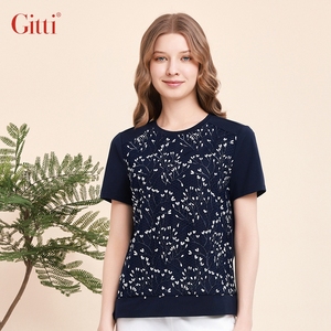 Gitti/吉蒂蕾丝立体花卉刺绣T恤女棉大码圆领短袖上衣 G241119