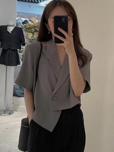 韩国东大门不对称短袖西装外套女夏季薄款小个子不规则设计感上衣