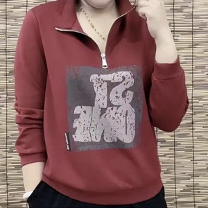 秋装新款韩版字母印花半高领中袖卫衣女大码宽松显瘦拉链套头T恤