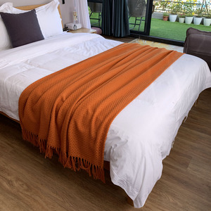酒店床旗床尾巾装饰毯黄色轻奢橙色搭毯搭巾盖毯素色沙发巾床尾毯