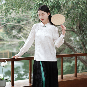 新中式长袖女士立领衬衫宽松气质日常白色打底提花改良唐装上衣女