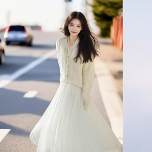 秋冬季白色毛衣配纱裙小香两件套半身裙子高级感韩剧女主穿搭气质