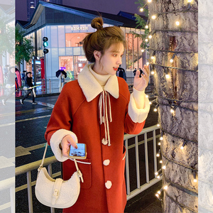 秋冬季高级感韩系超好看毛呢外套中长款妮子大衣加厚女装红色过年
