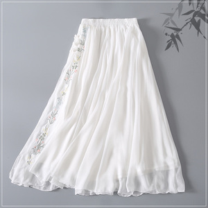 中国风新款刺绣花雪纺中式半身裙文艺复古中长款裙子白色禅意茶服