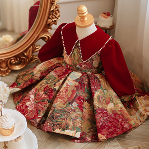 红色长袖女童礼服拜年公主裙日常加绒花童婚纱连衣裙宝宝周岁礼服