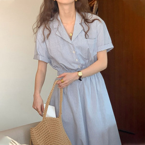 韩国chic2024夏季新款修身显瘦法式复古气质v领条纹衬衫连衣裙女