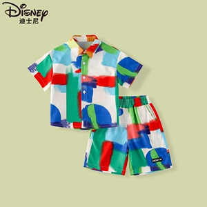 迪士尼儿童装夏装夏威夷花衬衫沙滩度假短袖套装痞帅男童出游岛服