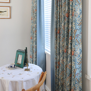 美式复古遮光 淡蓝色凤尾植物花卉 棉麻高档定制客厅卧室田园窗帘