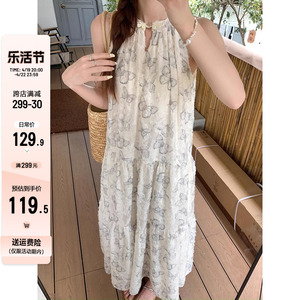 乌77新中式蝴蝶流苏印花挂脖裙女设计感盘扣小心机系带出游连衣裙