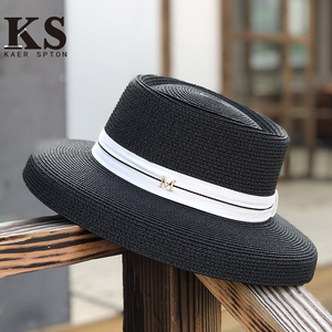 法国代购 赫本风灯罩礼帽法式M标复古织带夏季草帽沙滩度假遮阳帽