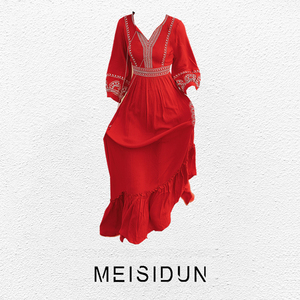 ミ《西岸阳光》古装红色连衣裙民族风沙滩裙沙漠拍照裙汉服女中国