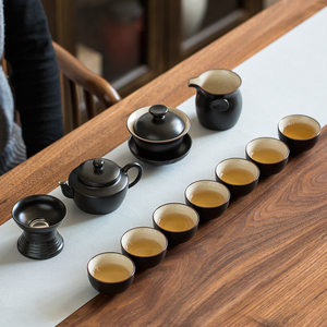 唐月窑功夫茶具套组家用盖碗茶杯黑色茶壶简约办公室陶瓷中式送礼