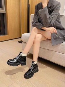 MEMA2022-01新款真皮系带马丁靴女拼接厚底圆头时尚韩版短靴女鞋
