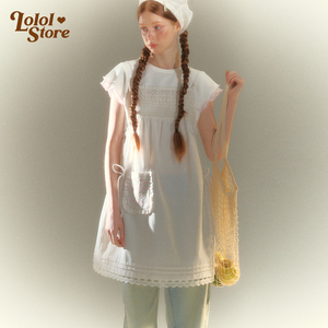 LOLOL ® 24SS 白色镂空吊带连衣裙叠穿蕾丝花边绑带刺绣无袖长裙