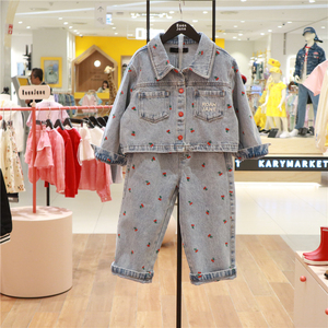 roanjane高端设计师女童刺绣樱桃牛仔套装韩国代购24春季外套+裤