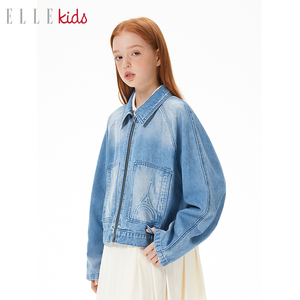 ELLEkids童装 法式休闲插肩袖宽松牛仔外套女童翻领拉链刺绣春装