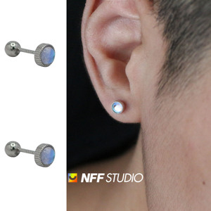 NFF925银耳钉男合成月光石清新琉璃螺丝旋转个性高级轻奢耳环女