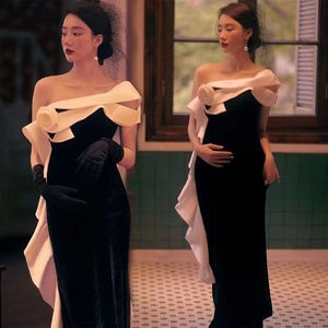 孕妇拍照服装影楼主题新款法式复古赫本风抹胸长裙孕妈咪写真礼服