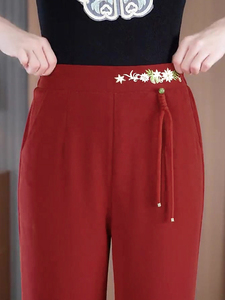 中国风绣花裤子女夏小个子2024新款爆款松紧腰垂感窄版红色阔腿裤
