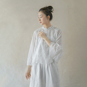 白茶女装中国风宽松苎麻衬衫仙气禅意珠扣罩衫日常少女装汉服上衣