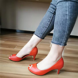 新款红色中跟鱼嘴凉鞋舒适潮流高跟镂空女鞋百搭单鞋大码鞋结婚鞋