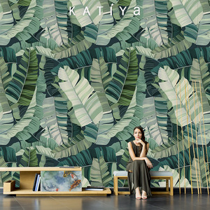 东南亚热带雨林手绘芭蕉叶植物壁纸客厅沙发电视背景墙纸布壁画