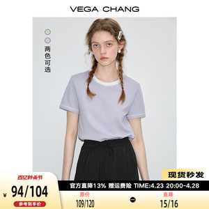 VEGA CHANG短袖T恤女2024年夏季新款小个子简约宽松圆领拼色上衣