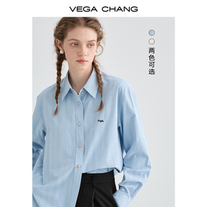 VEGA CHANG条纹衬衫女2024年春季新款宽松廓形显瘦刺绣长袖衬衣