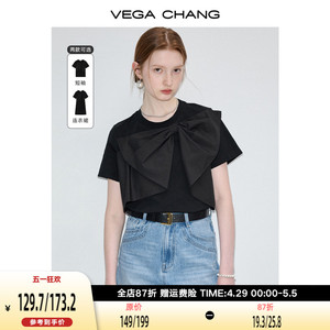 VEGA CHANG蝴蝶结T恤女2024年夏季新款小众设计黑色短袖t恤连衣裙