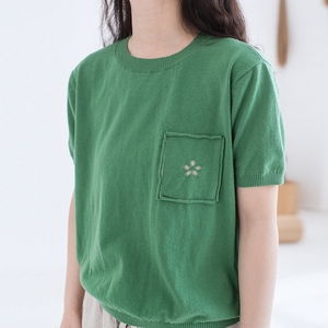 鱼岛主人夏季编织系列圆领镂空钩花短袖宽松夏季绿色针织T恤2868