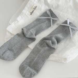 蝴蝶结袜子女中筒袜堆堆袜灰色双针jk纯棉袜子学院风可爱