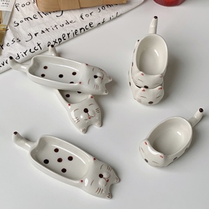 创意小猫咪陶瓷蘸料碟日式筷架家用小味碟釉下彩调味碟芥末酱油碟