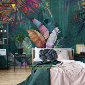 北欧ins民宿卧室客厅电视背景墙纸东南亚风格粉色植物芭蕉叶壁纸
