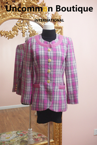 日本vintage优雅复古兰花粉紫灰色格子金扣古着羊毛西装外套