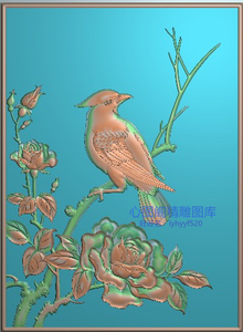 花鸟精雕图玫瑰灰度图浮雕图精品月季花鸟背板边板小门板280x380