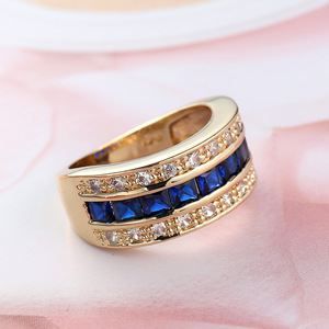 新款热卖满钻方形蓝宝石戒指 欧美镀18k黄金闪钻男女复古个性指环