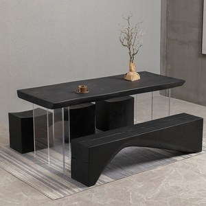 北欧侘寂风碳化黑色原木餐桌复古实木大板工作台悬浮亚克力茶桌椅